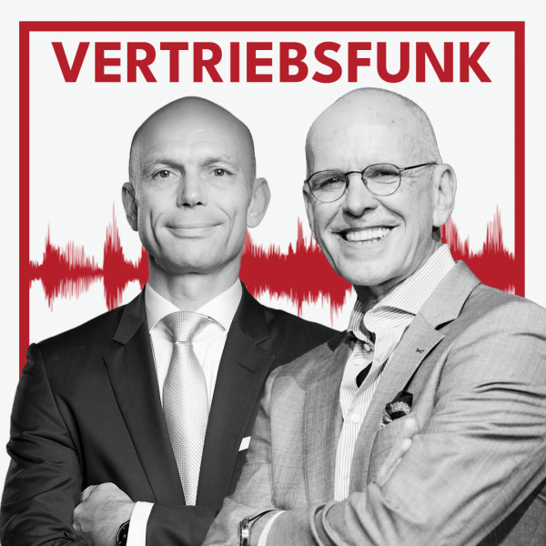 Schwarz-weiß Porträt von zwei Männern im Anzug (Christopher Funk links, Mike Dierssen rechts mit Brille) vor rotem Hintergrund mit weißem Schallwellen-Muster. Im oberen Bereich steht in roten Großbuchstaben der Titel "VERTRIEBSFUNK".